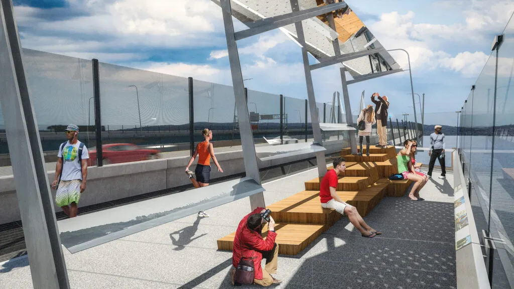 rendering of bridge overlook with people looking out from bridge at river