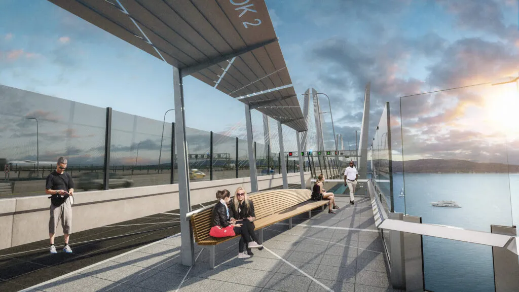 people sitting on bench in architectural rendering for bridge overlook