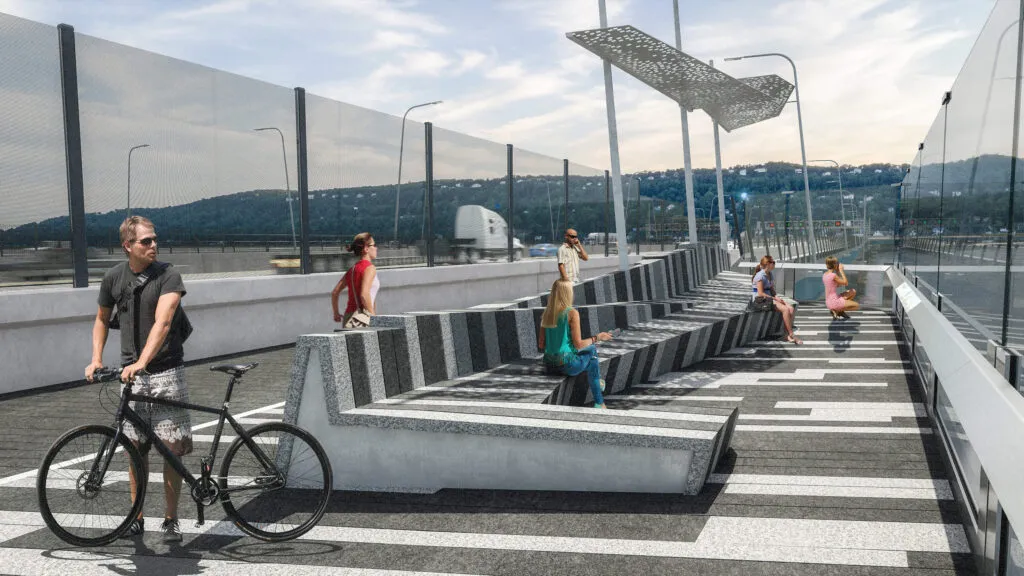 walkers and bikers in modern architectural rendering of bridge overlook