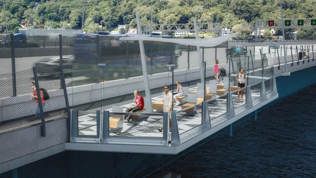 visitors sitting on benches in rendering on bridge overlook