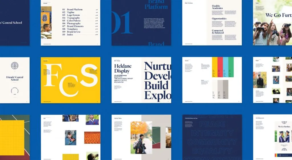 Comprehensive brand identity, color and typography standards, brand guidelines and design by J2 for Friends' Central School