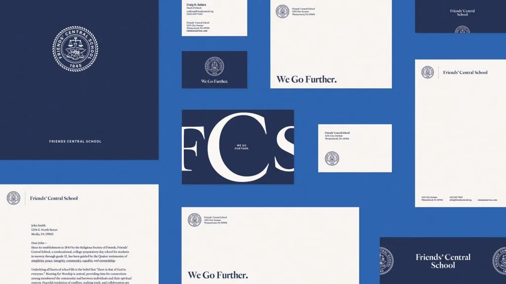 Stationary suite including business card, letterhead and flyers. Brand identity and visuals by J2 for quaker private school Friends' Central