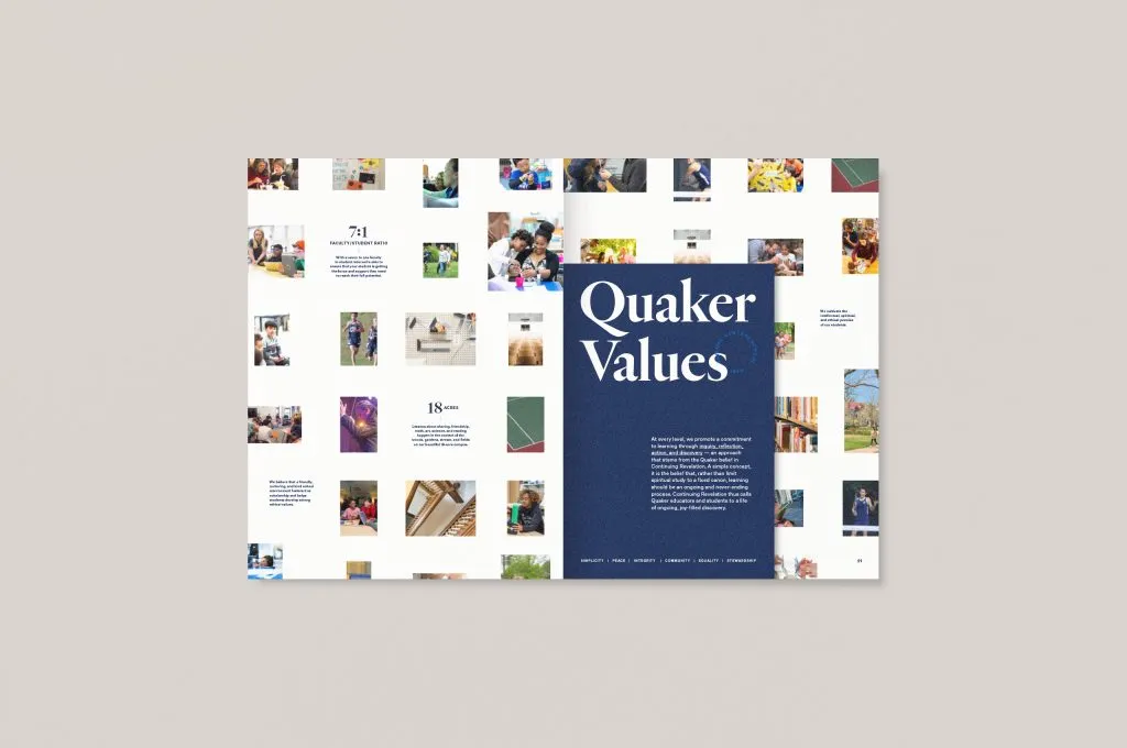 Open booklet detailing the quaker values which inspire Friends' Central School mission, branding and graphic deign by J2