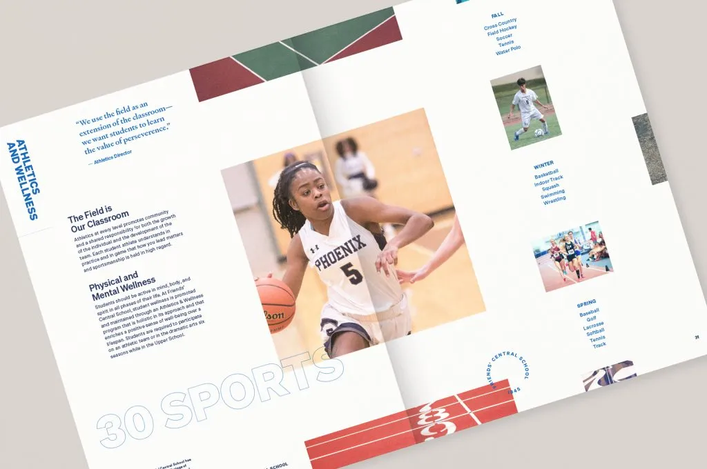 High school athlete feature in printed marketing booklet for Friends' Central School, graphic design and brand identity by J2