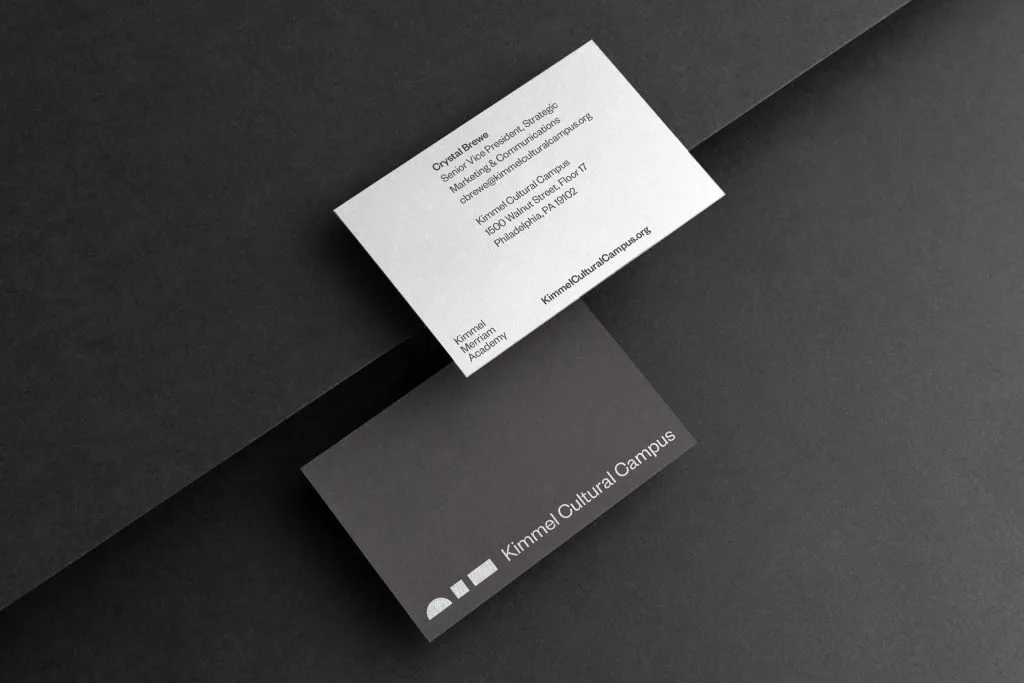 business card with custom branding for the Kimmel Cultural Campus, design layout by J2