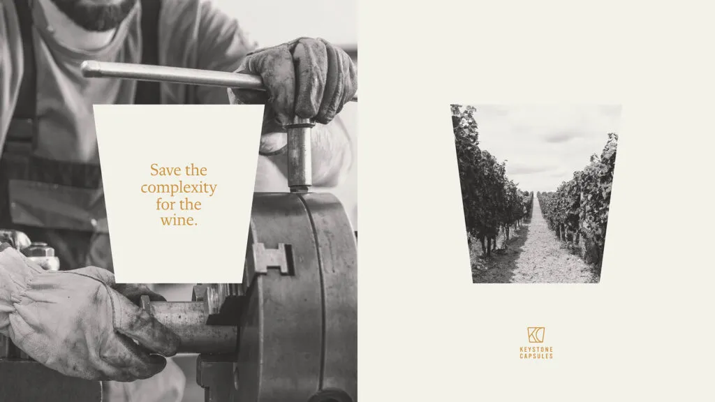 images of wine industry with headline, company name, and monogram