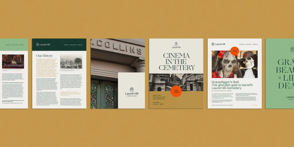 various branded collateral templates for modern brand using serif type, green, orange, and tan color palette, and bold imagery