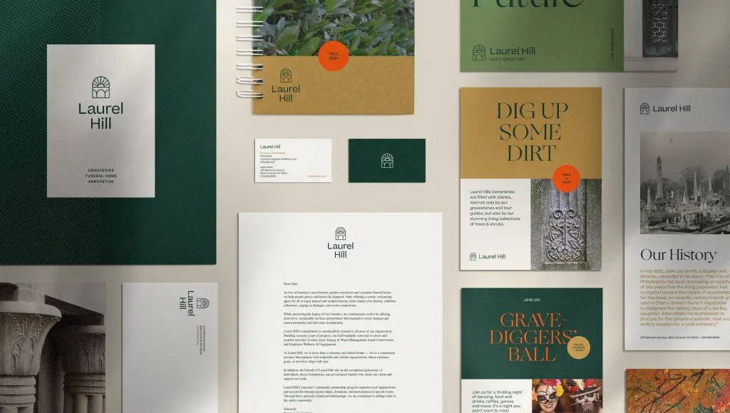 modern graphic identity system with muted green and tan color palette