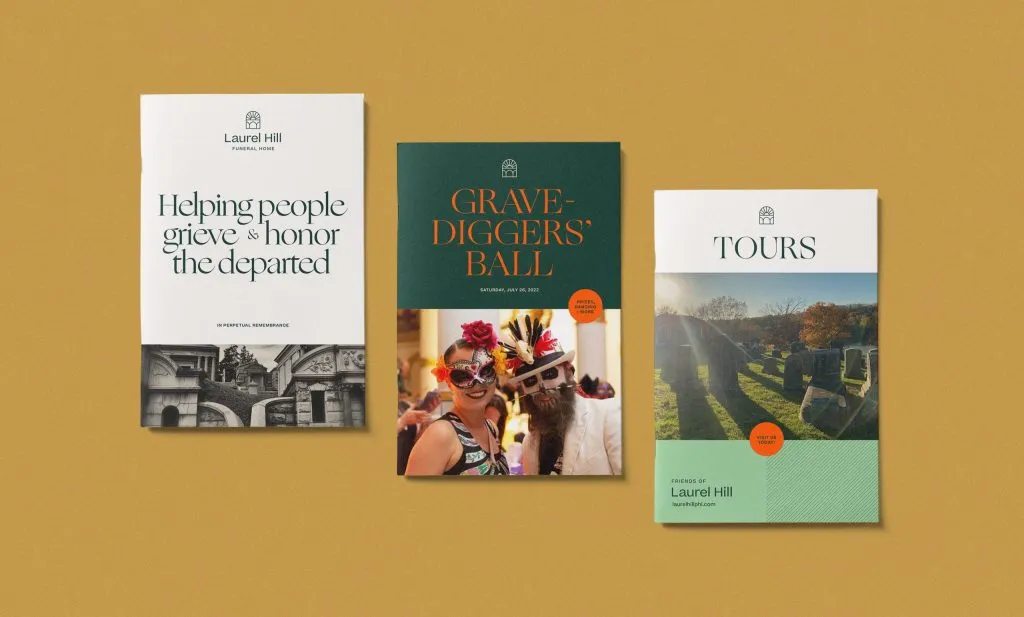 three brochure covers featuring images and bold serif typography