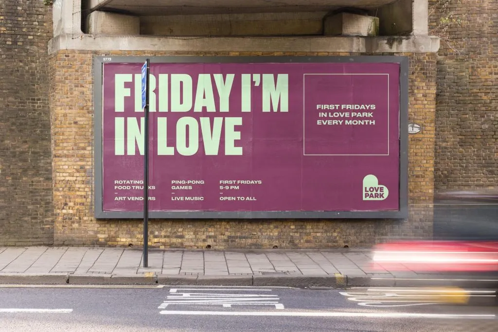 Purple and aquas billboard for park system with playful typography and messaging