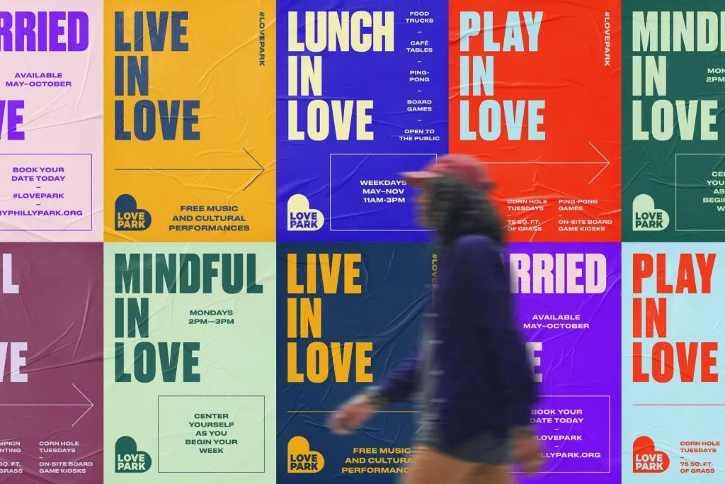 vibrant wheat paste campaign wall with bold san serif type and playful messaging