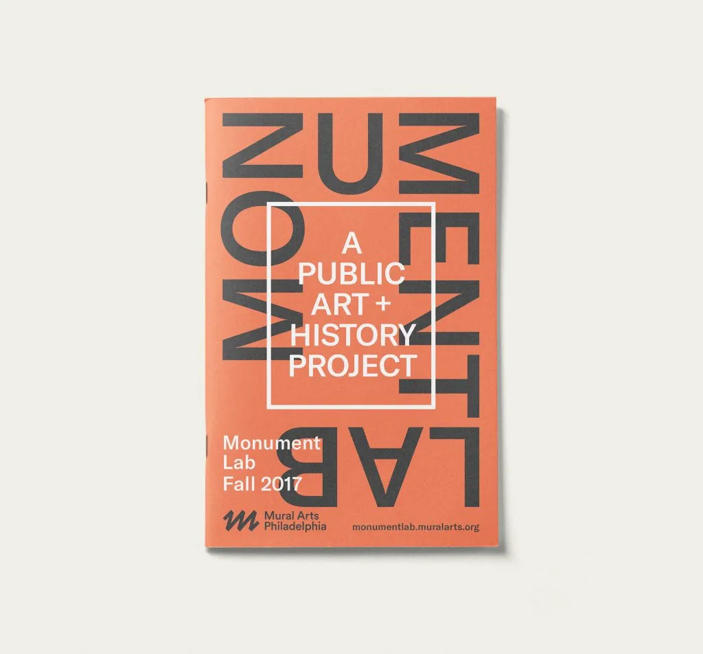 Orange and black typographic brochure cover for art exhibition