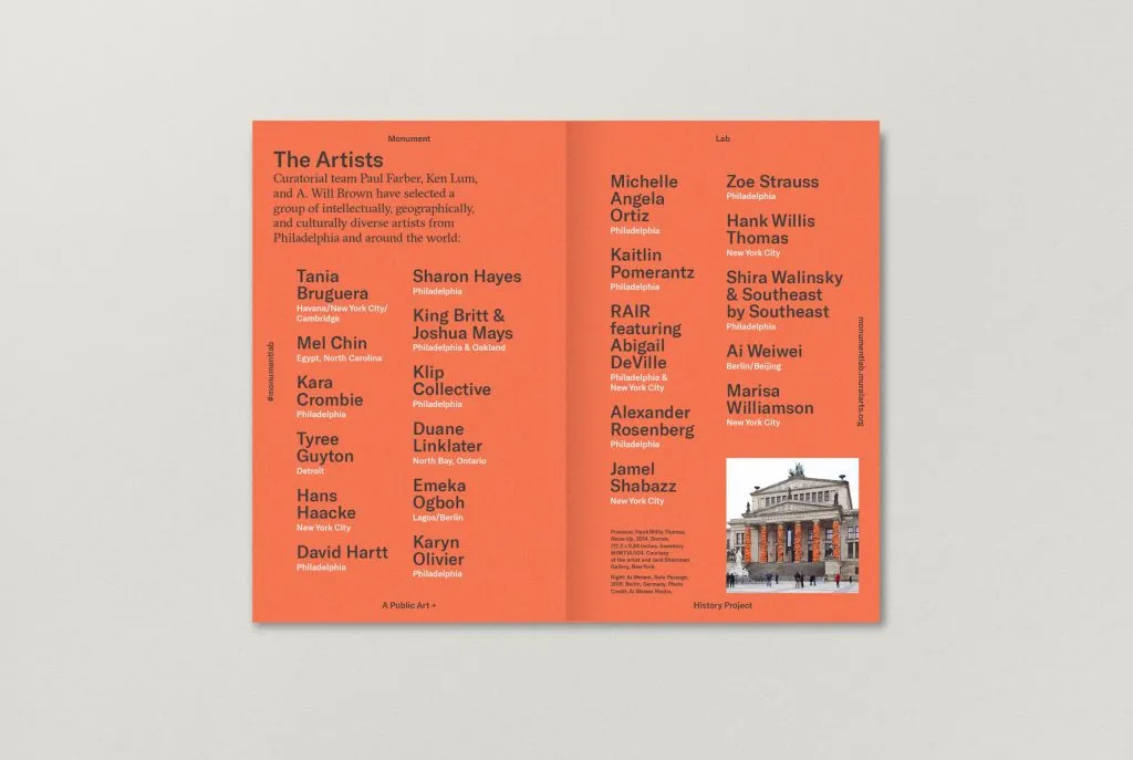 orange brochure spread with organized list of event copy