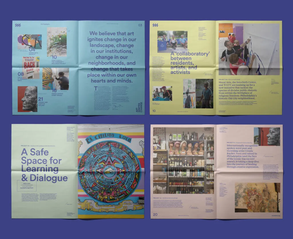 Collection of four newsletter spreads in different colors for Mural Arts Philadelphia by J2