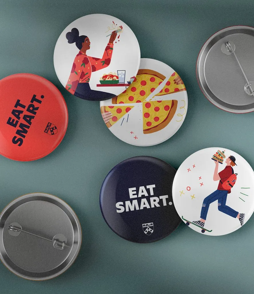 various buttons for university dining program with tagline and quirky illustrations