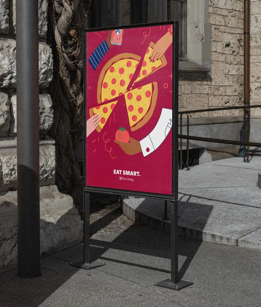 Dining program branded poster for university with fun illustration of diverse hands sharing a large sliced pizza