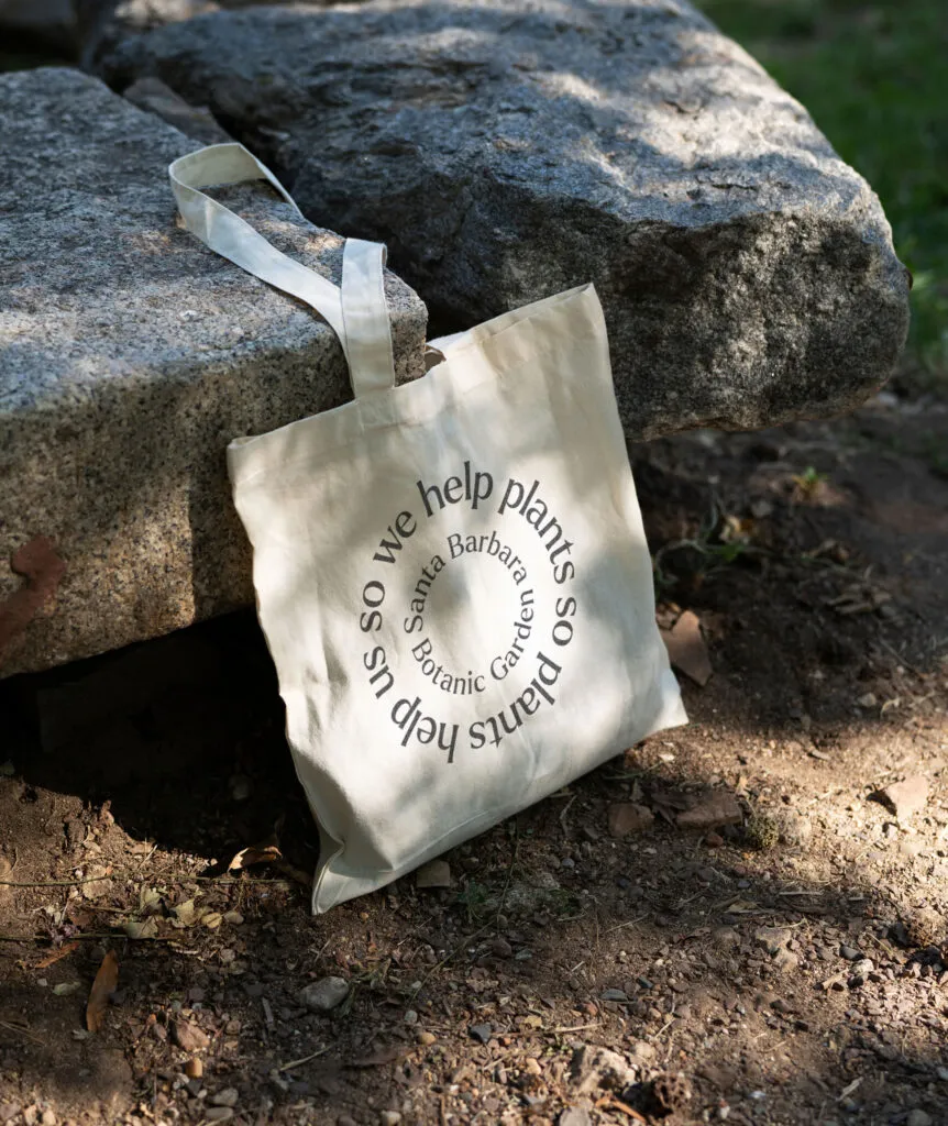 Canvas tote bag with circular text branded for Santa Barbara Botanic Garden by J2