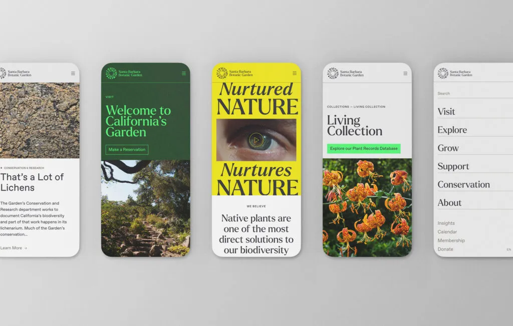 mobile website frames for Santa Barbara Botanic Garden, branding by J2