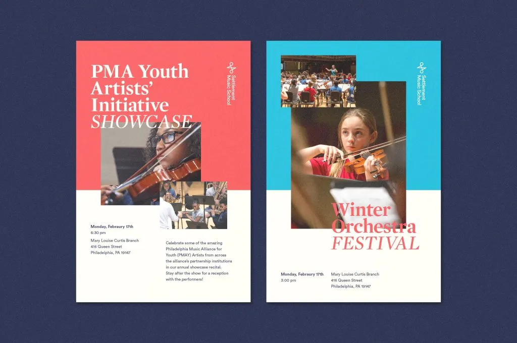 red and blue graphic posters for provate music school programs