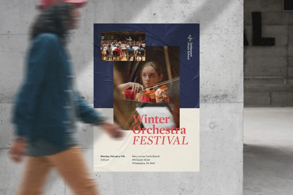 Woman walking in front of graphic poster for a private music school's winter festival