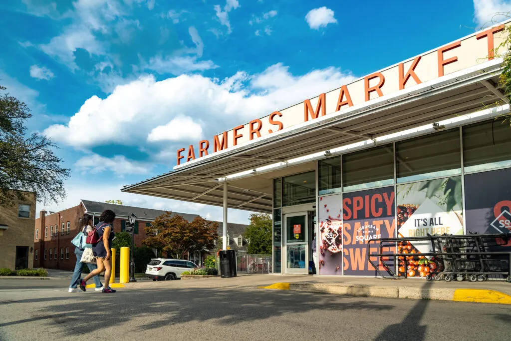 Farmers market exterior with bold and modern graphic branding and signage