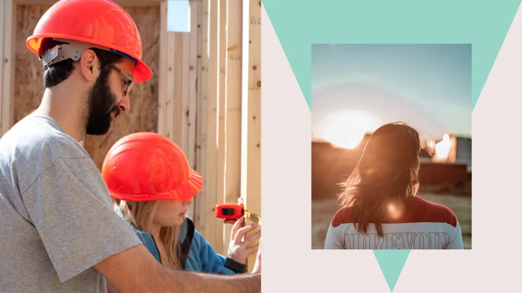 photo collage of college students using a measuring tape to build a house and young woman wearing a Susquehanna University collegiate sports jersey, graphic design by J2