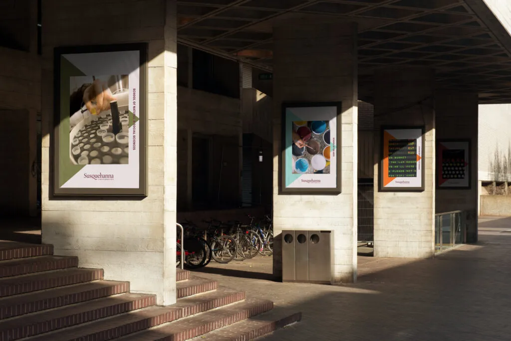 Posters showing life science and arts courses at private liberal arts college campus, branding and design for Susquehanna University by J2