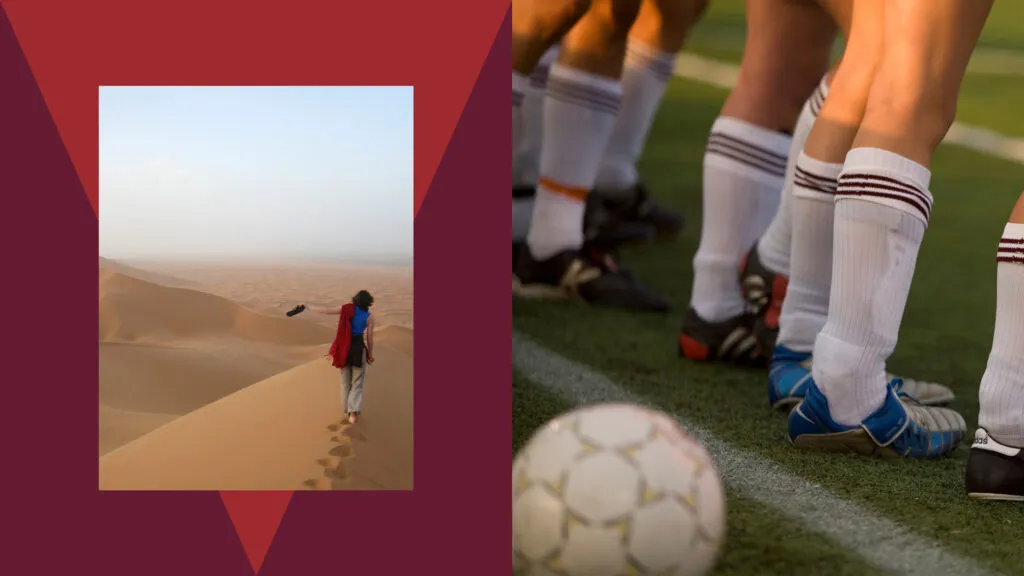 Photo collage of college athletes' legs with a soccer ball and a student on a study abroad trip in the desert, layout by J2 for Susquehanna University