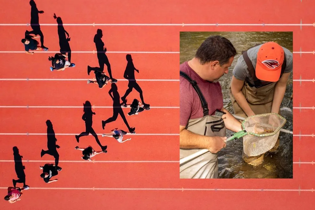 Photos of college students running on a track and environmental studies students collecting field data, layout by J2 for Susquehanna University