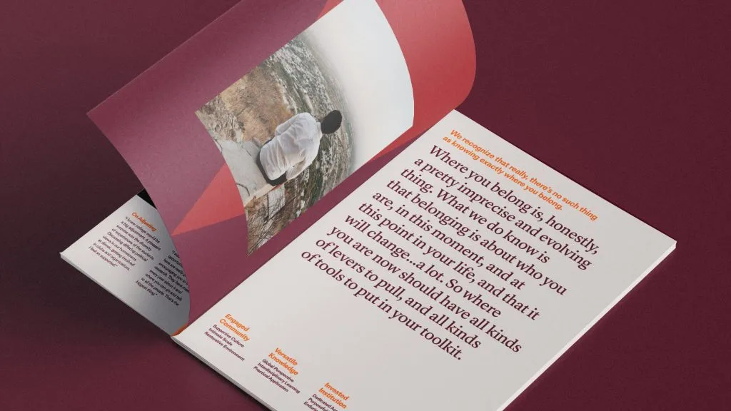 open booklet with college admissions information, branding and graphic design for Susquehanna University by J2