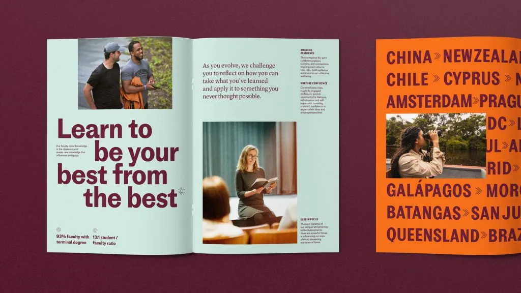 Open booklet with full bleed photos and bold sans serif typography, print marketing for Susquehanna University designed by J2