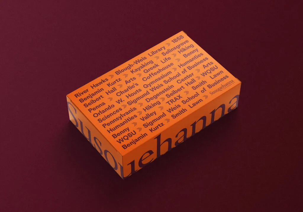 branded box created as part of college admissions welcome package, branding and packaging deign by J2 for Susquehanna University