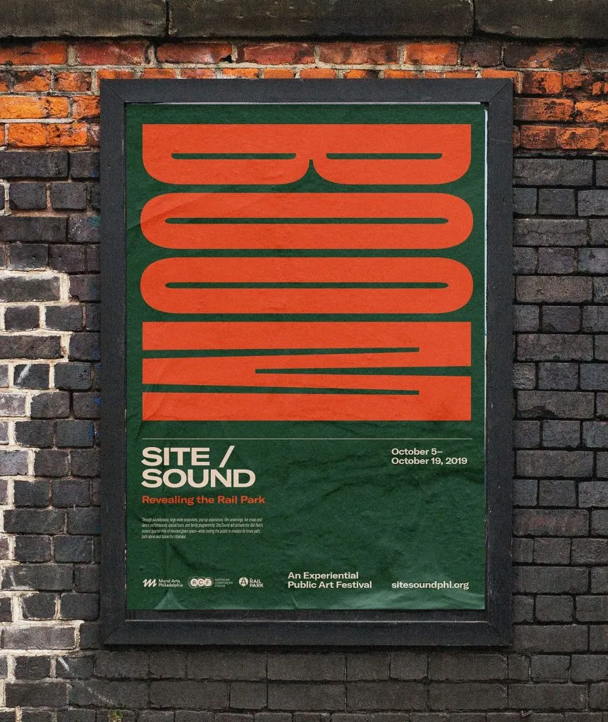 Green promotional poster for arts festival with large orange kinetic typography