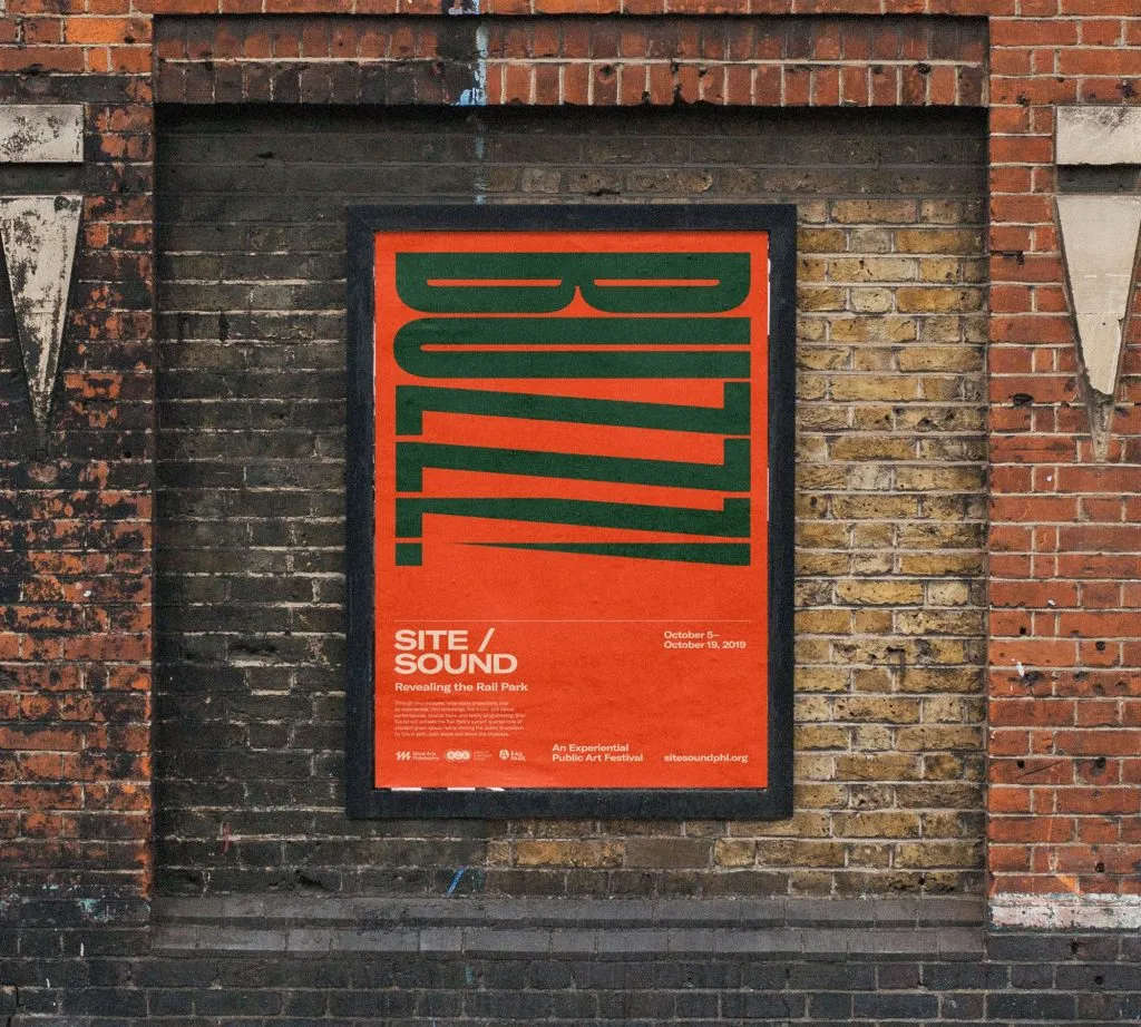 Orange promotional poster for arts festival with large green kinetic typography