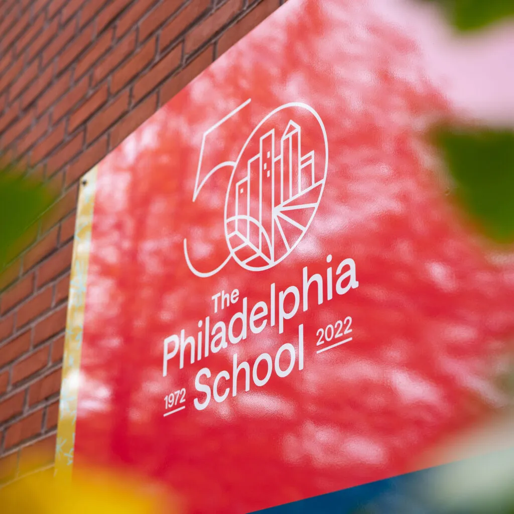 The Philadelphia School 50th anniversary billboard, graphic design by J2