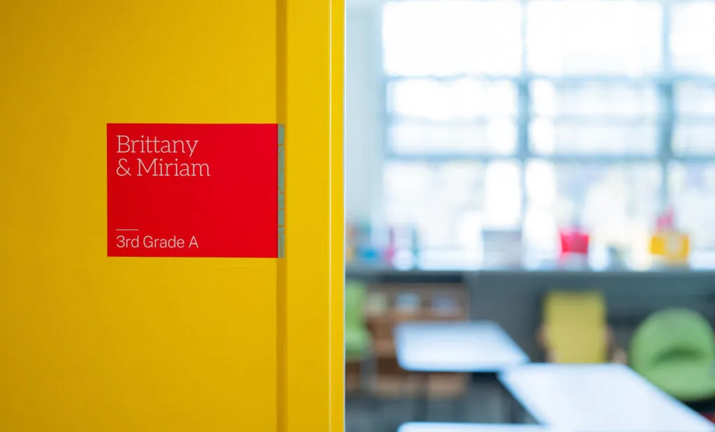 Classroom ID sign for The Philadelphia School, branding and wayfinding by J2