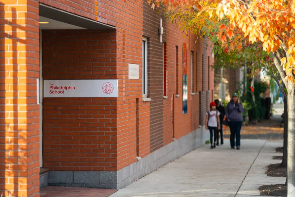 Wayfinding sign on school campus, branding and graphic design by J2 for The Philadelphia School