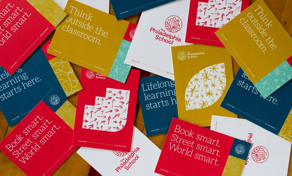 Branded business cards in several fall colors, graphic design and branding for The Philadelphia School by J2