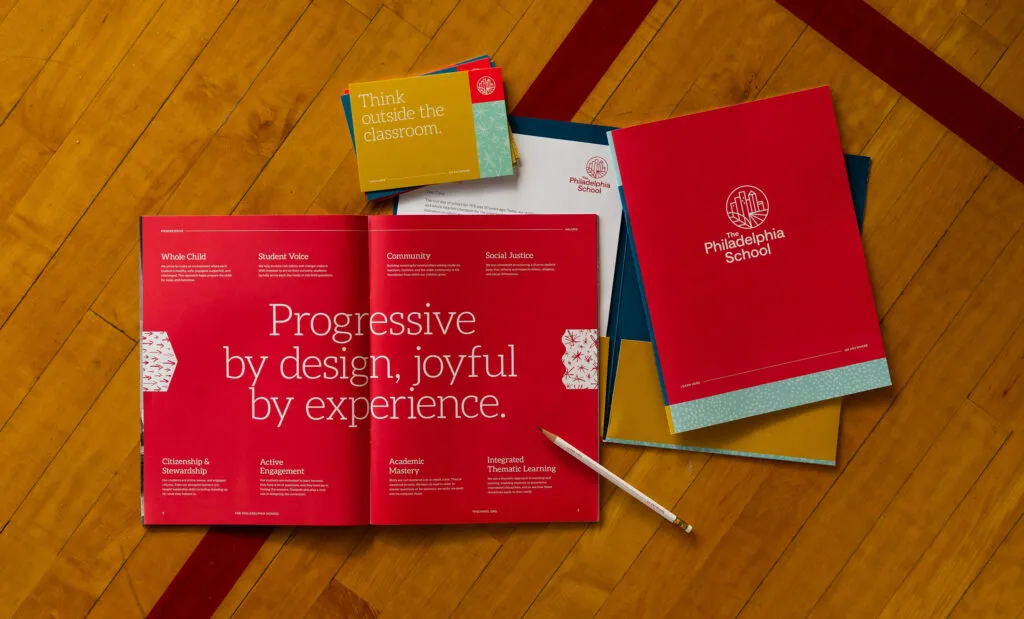 Print marketing materials for The Philadelphia School, graphic design and brand identity by J2