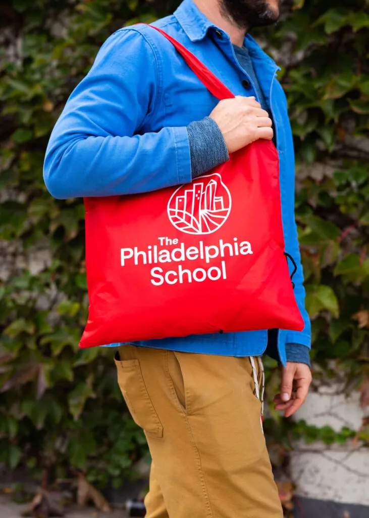 The Philadelphia School branded tote bag, graphic design and logo by J2