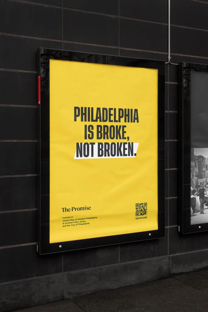 bold type on yellow poster, The Promise brand campaign by J2