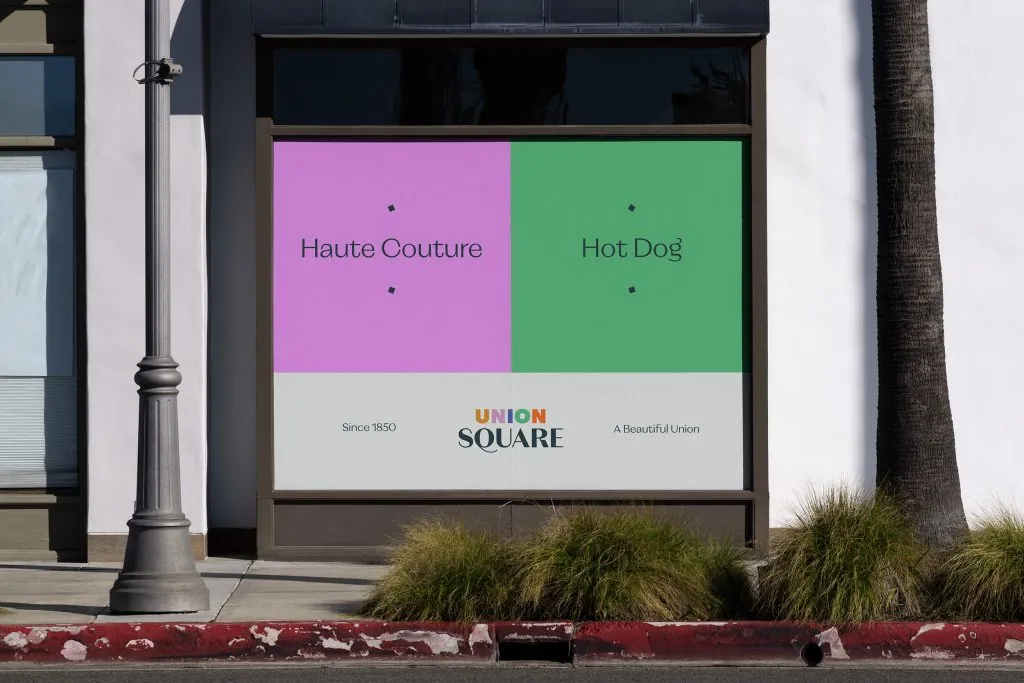 Poster featuring two blocks of color and serif font, Union Square branding by J2