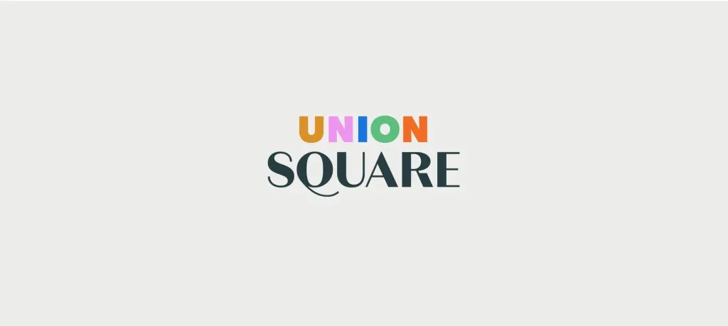 union square text logo with rainbow type, design by J2