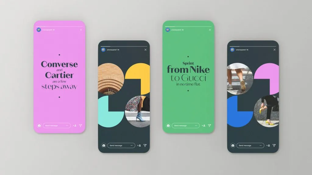 Sample social media ads using saturated colors and circle and square shapes, Union Square branding by J2