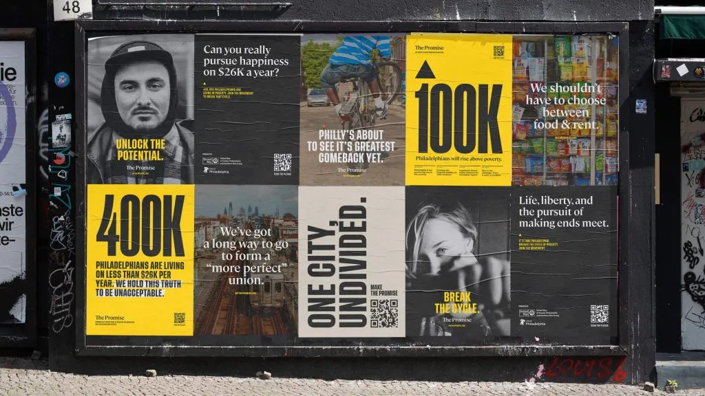 posters with infographics and photography designed as part of brand strategy project by J2 for the Promise, a non-profit organization dedicated to helping reduce poverty rates