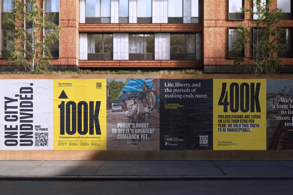 Construction posters with infographics and city street photography, graphic design and brand ID by J2