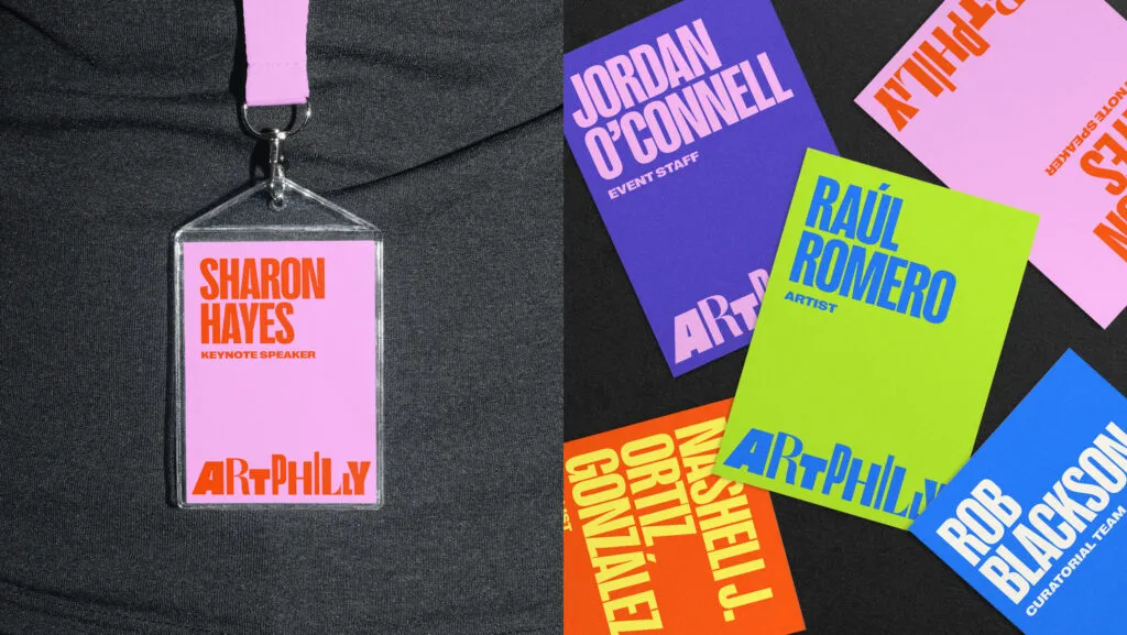 Event name tags in neon colors on lanyards, design for ArtPhilly by J2.