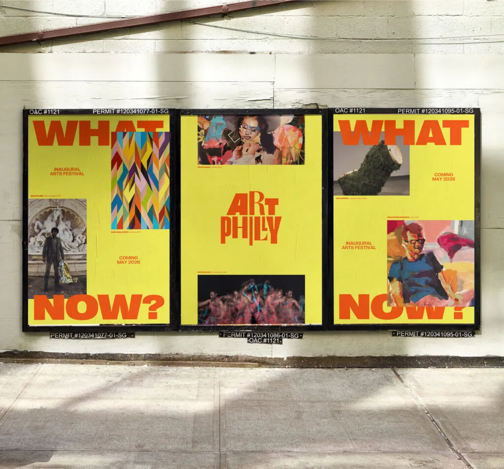 Mockup of three posters featuring artwork and bold sans serif font on a solid yellow background. Layout and ArtPhilly logo by J2.