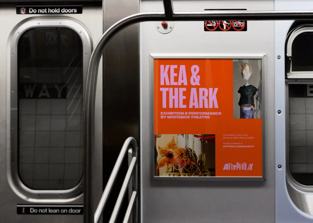 Subway advertisement with artwork and type on a red background. Design for ArtPhilly by J2.