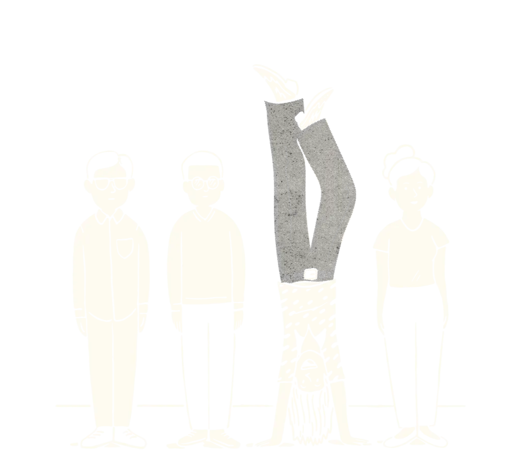 illustration of four brand designers standing together with one doing a hand stand